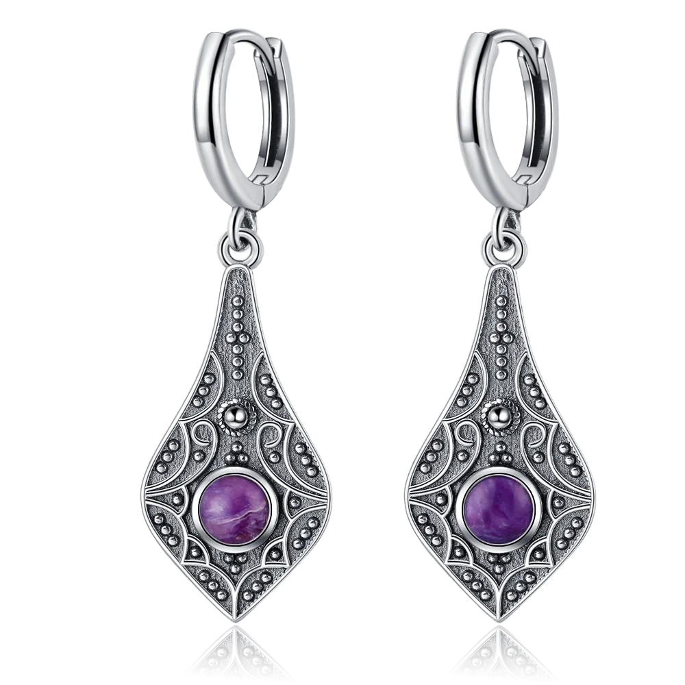 Natural Stone Sun Flower Hoop Earrings for Women, Vintage Antique Silver Turquoise Amethyst Labradorite Dangle Earring Wholesale