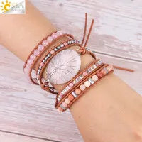 CSJA Natural Stone Bracelets Green Fluorite Crystal Aventurine Bead Leather Wrap Bracelet Multilayer Boho Jewelry Pulseira G118