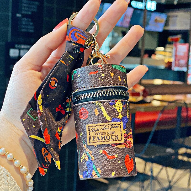Exquisite Cylindrical Keychain Earphones Lipstick Bag Pendant for Women Leather Coin Purse Key Wallet Fashion Silk Scarf Keyring - Charlie Dolly