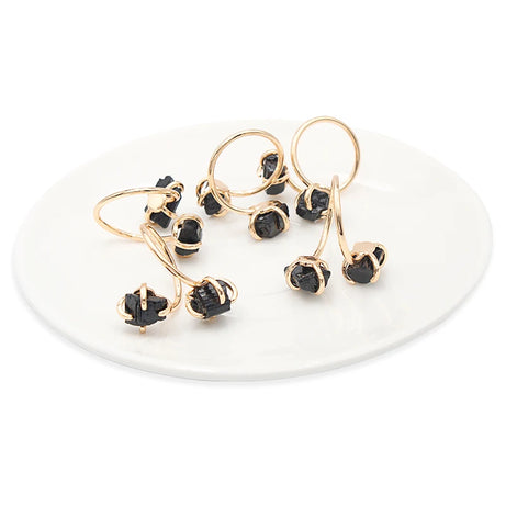 Irregular Black Tourmaline Open Ring for Women Girls Claw Setting Gold-color Boho Rough Natural Stone Finger Jewelry Resizable - Charlie Dolly