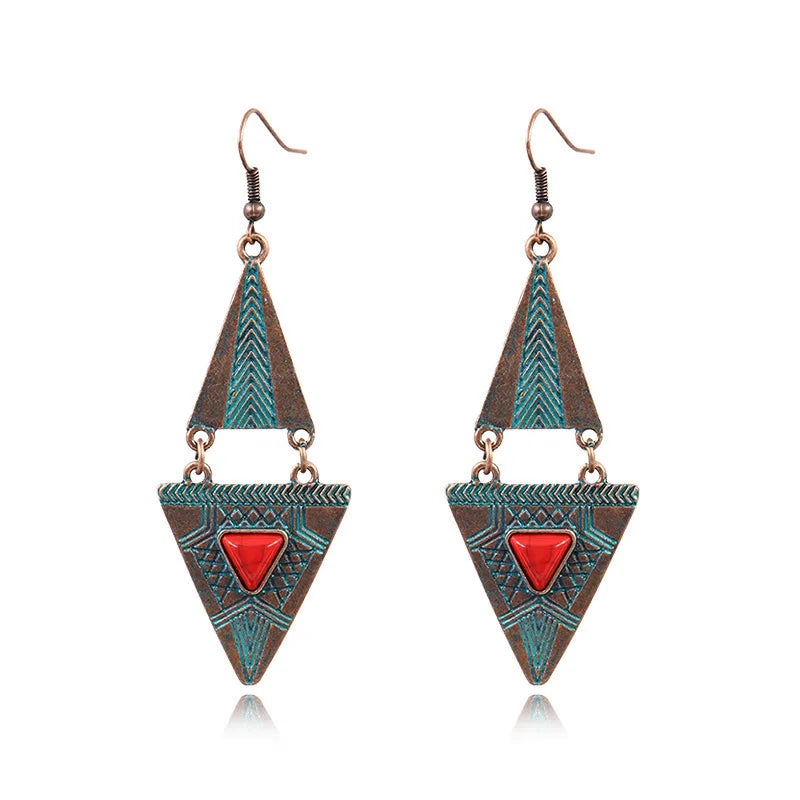 Ethnic Women's Alloy Inlaid Red Stone Earrings Tassel Wedding Danglers Boho Vintage Geometric Earrings Indian Gypsy Jewelry