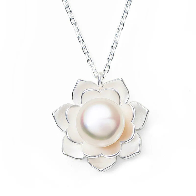 New Fashion 925 Sterling Silver Jewelry Female National White Lotus Shell Beads Pearl Flowers Pendant Necklaces  XL132