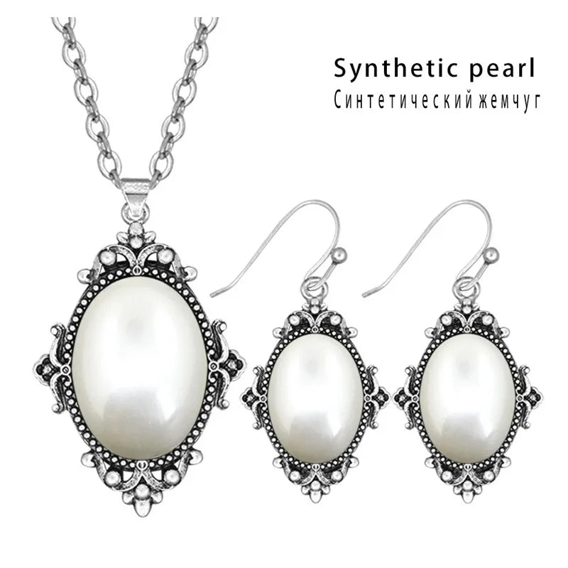 Vintage Look Natural Stone Lapis Lazuli Jewelry Sets Solid Silver Plated Necklace Earrings Flower Fashion Jewelry