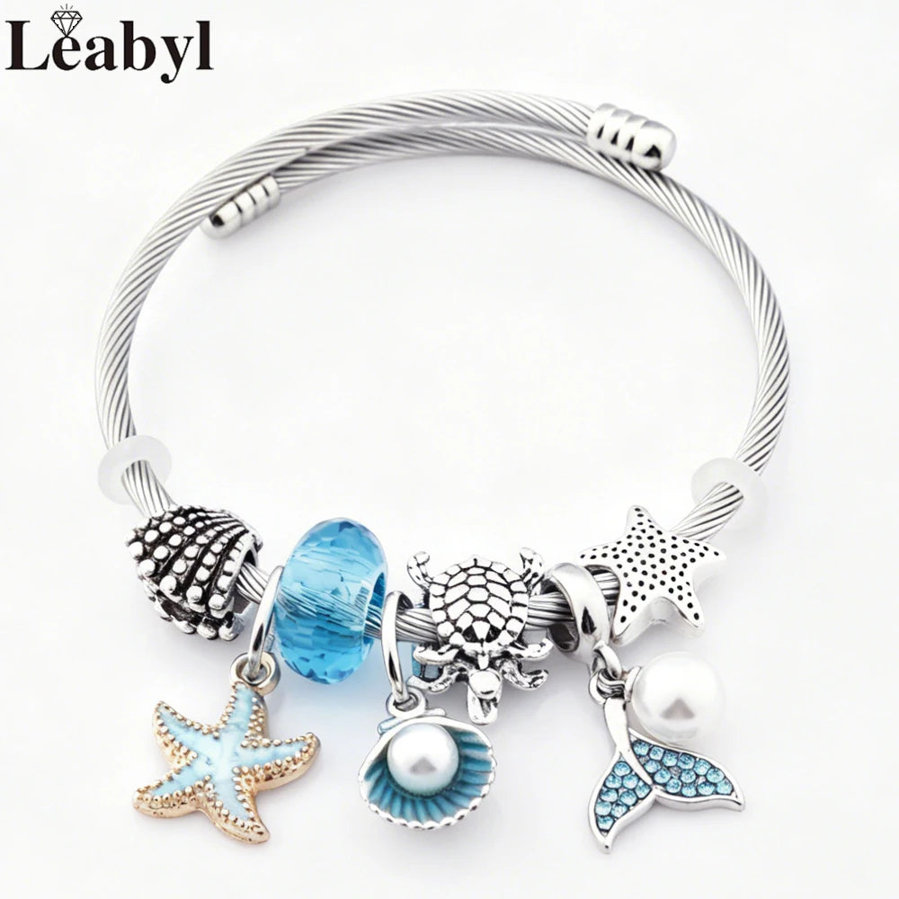 Boho Blue Enamel Dolphin Starfish Shell Bead Pendant Bracelet Silver Color Marine Life DIY Charm Jewelry for Summer Holiday Gift