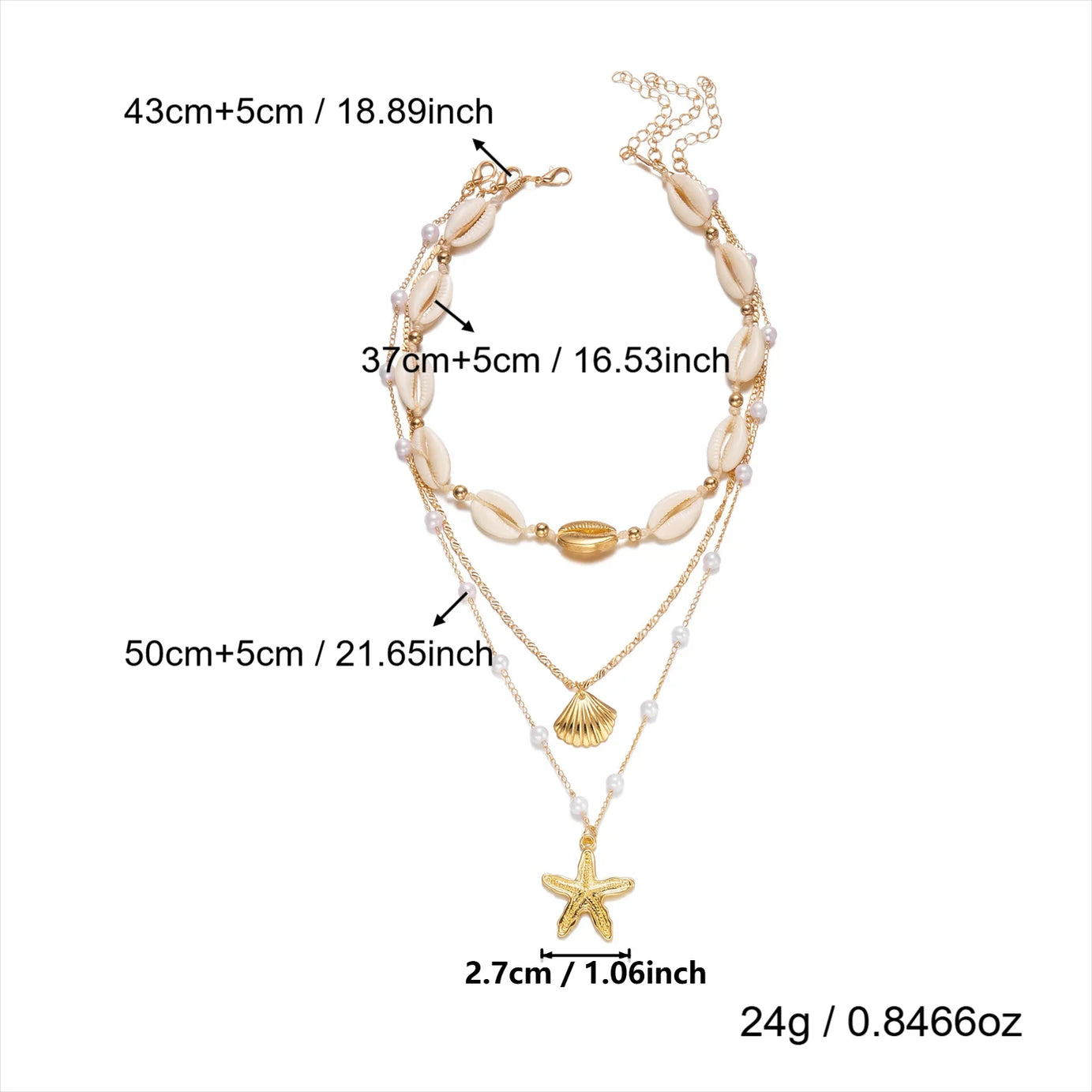 Dainty Shell, Starfish and Rice Bead Layered Clavicle Necklace