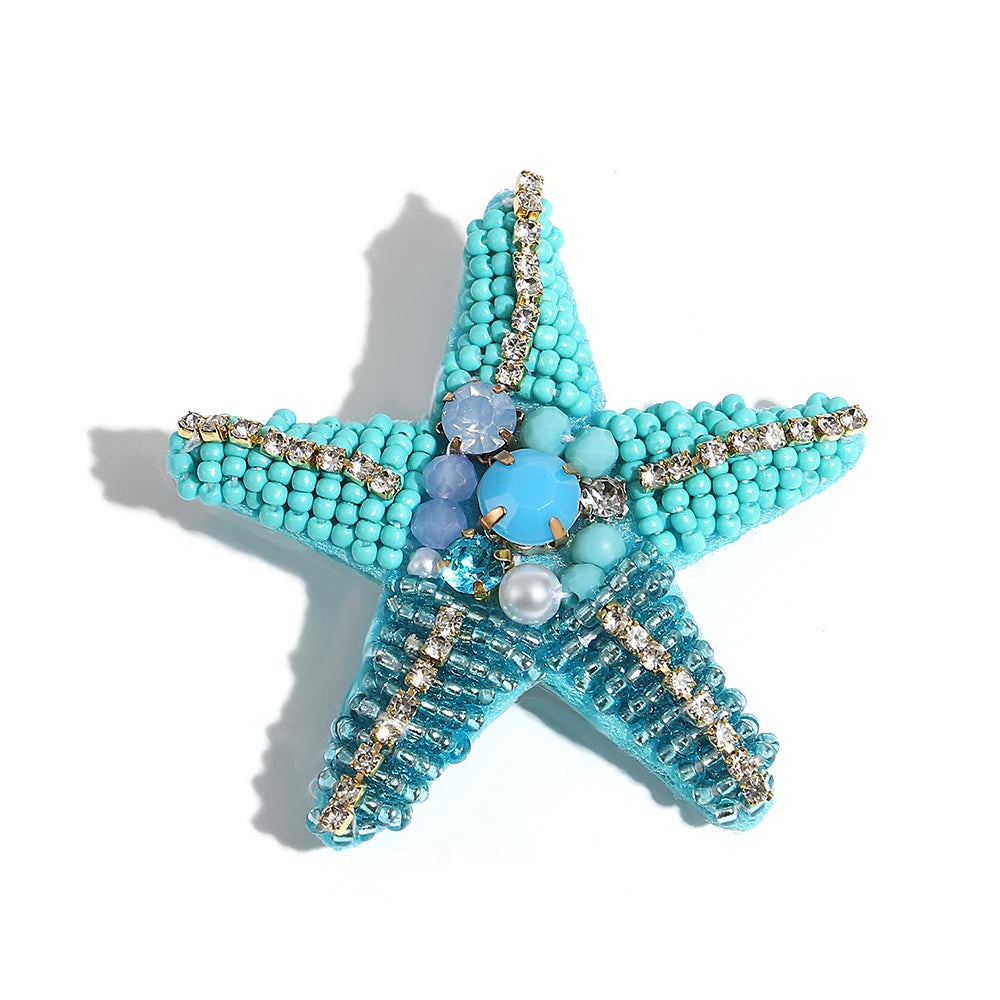 Boho Handmade Beaded Brooch Colorful Starfish Lobster Shell Pattern Pearl Pin Banquet Backpack Beach Jewelry Accessories Gifts