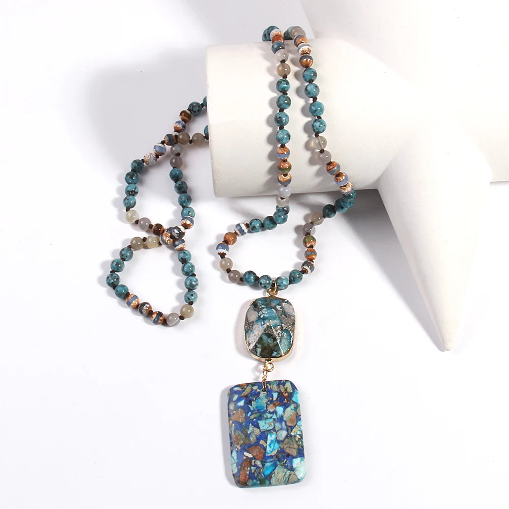 RH Fashion Bohemian Jewelry Natural Stones Crystal Stone Knotted Semi Precious Stone Boho Multi Pendant Necklace Women Gift
