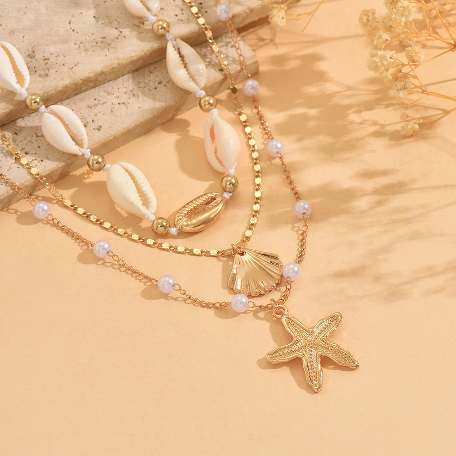 Cowrie Shell and Pearl Layered Boho Necklace Set (3 Pieces)