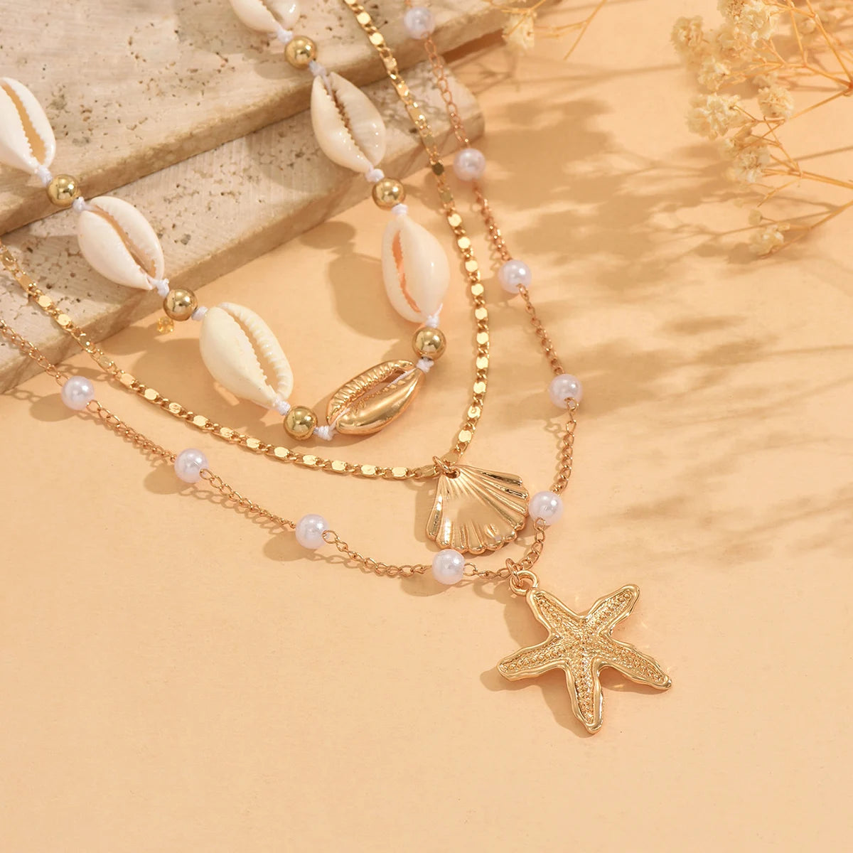3Pcs Layered Cowrie Shell Imitation Pearl Necklace Set Starfish Shell Pendant Boho Summer Beach Jewelry for Women