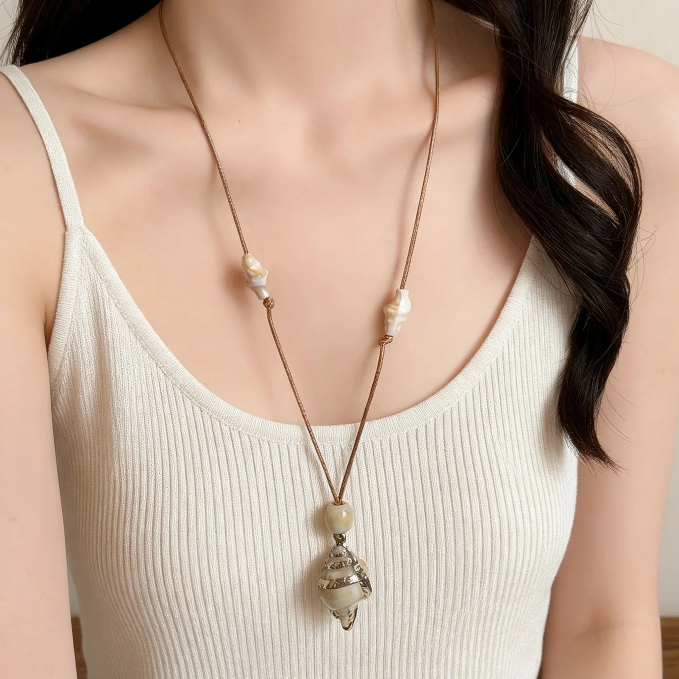 Starfish, Nautilus and Conch Wax Rope Clavicle Necklace