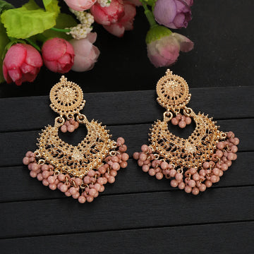 Boho Gold Color Heart Shape Carved Flower Dangle Earrings for Women Indian Jhumka Earrings Retro Pink Beads Tassel Jewelry 2023