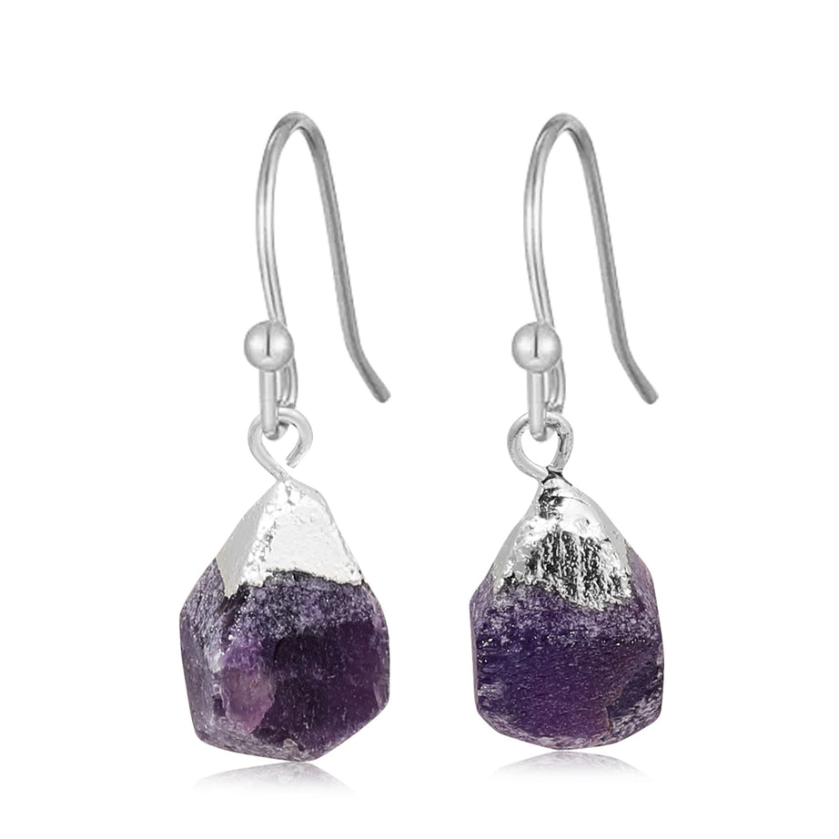 Raw Ore Natural Stone Hook Earrings, Fluorite Amethyst Quartz Healing Crystal Jewelry
