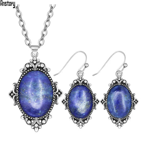 Vintage Look Natural Stone Lapis Lazuli Jewelry Sets Solid Silver Plated Necklace Earrings Flower Fashion Jewelry - Charlie Dolly