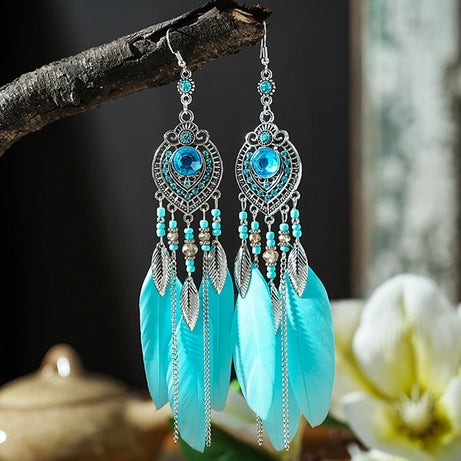 Blue Enamel Feather Crystal Long Earrings Jewelry