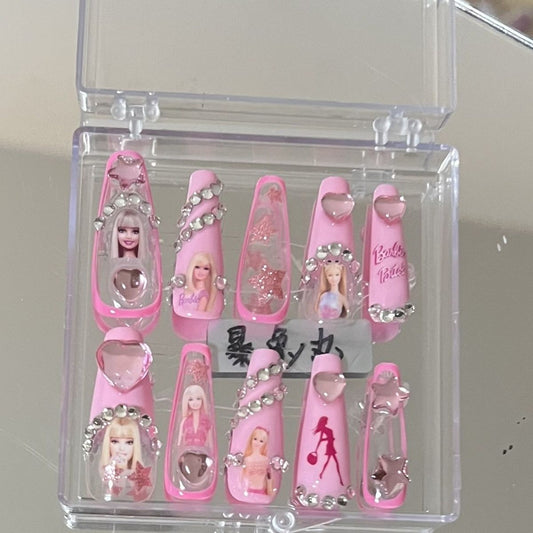 Kawaii Barbie Handmade Nails Patch Stickers Anime Y2K Cartoon Long Coffin Stiletto Wearable Fake Nails Art Manicure Jewelry Gift - Charlie Dolly