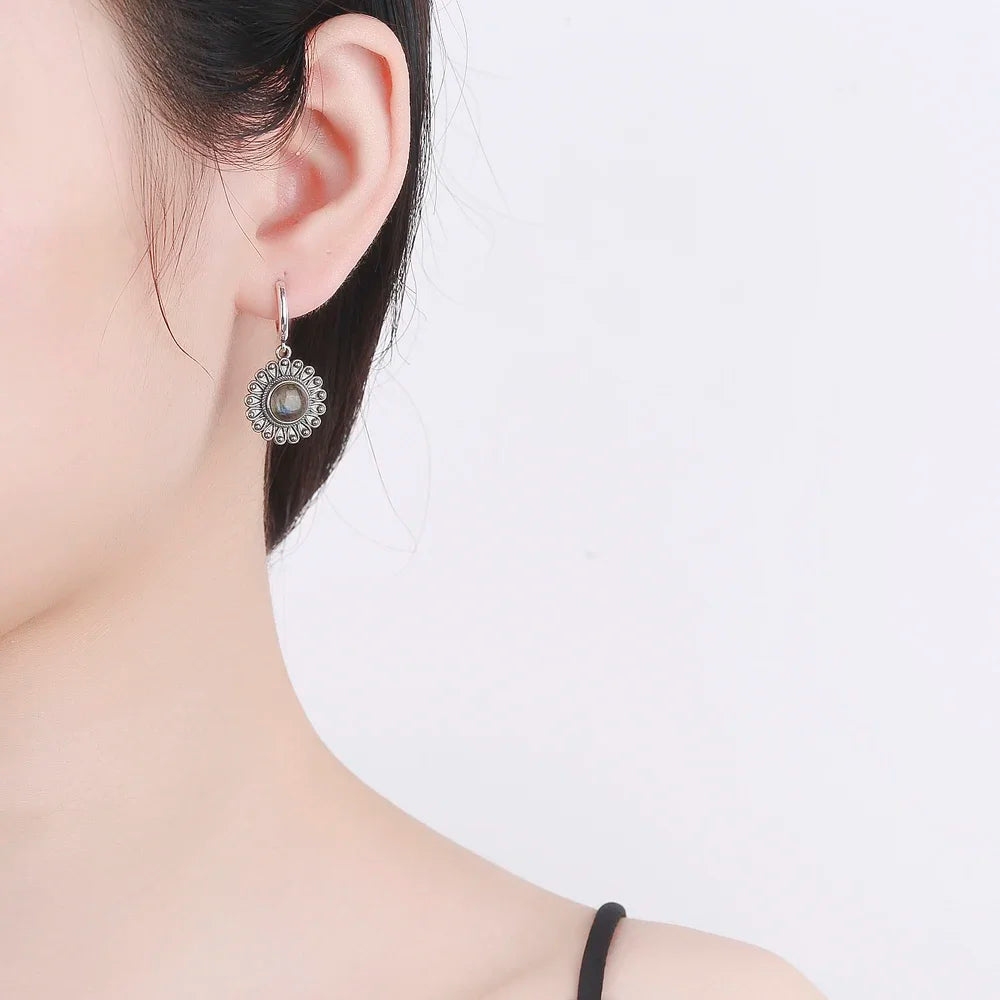 Natural Stone Sun Flower Hoop Earrings for Women, Vintage Antique Silver Turquoise Amethyst Labradorite Dangle Earring Wholesale