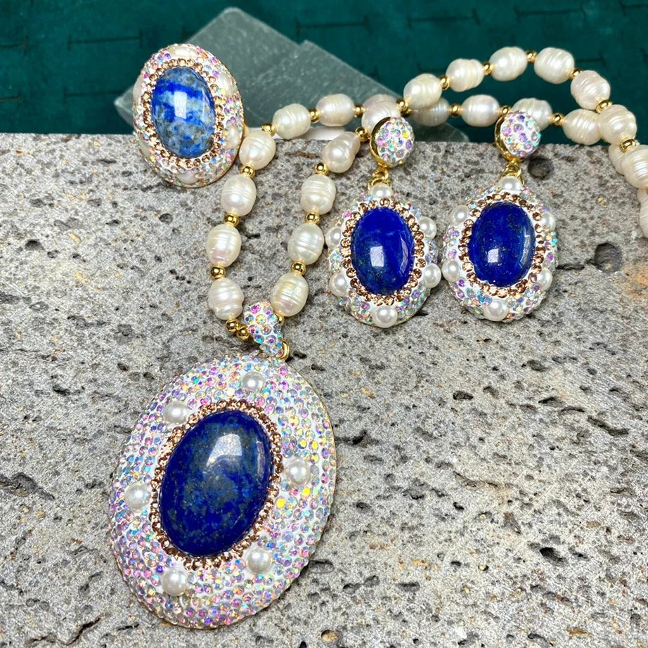 Unique Natural Lapis lazuli Gemstone Jewelry Set for Women AB Rhinestone Freshwater Pearl Quartz Necklace Rings Lady Dress Acces - Charlie Dolly
