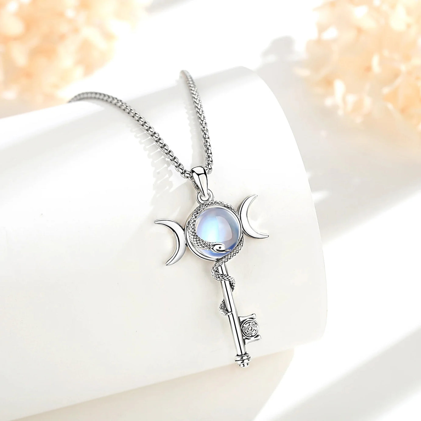 Hecate Key & Triple Moon Goddess Pendant with Moonstone, Sacred Witch Amulet