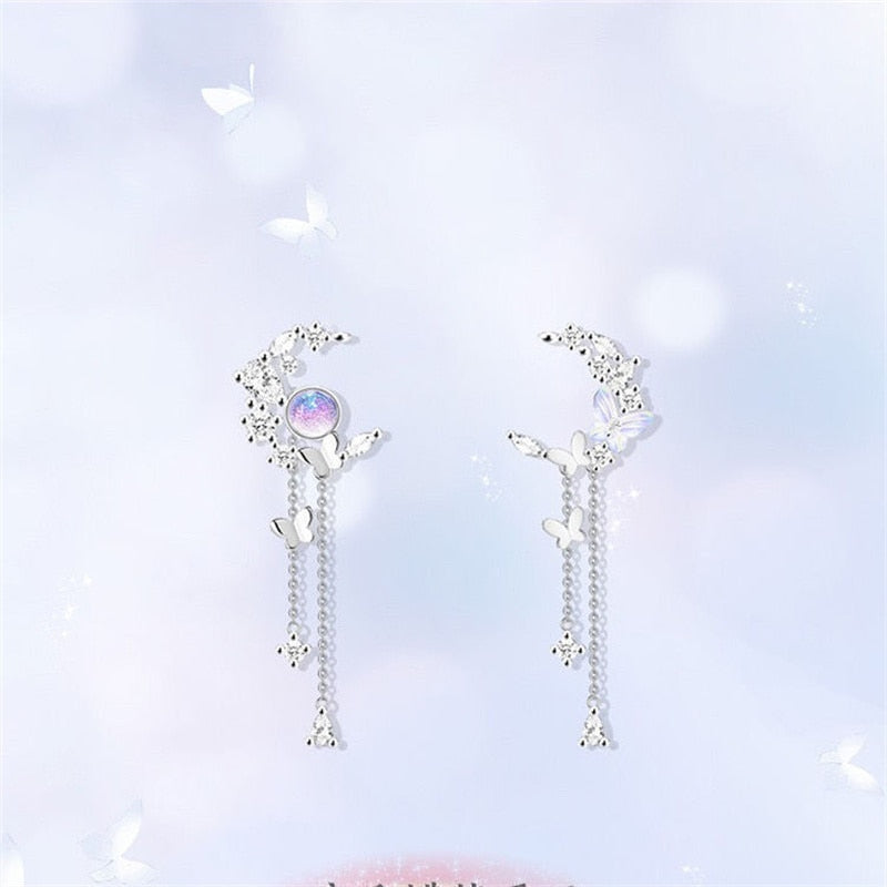 Delicate Cute Zircon Moon Tassel Butterfly Stud Earrings For Women Korean New Fashion Asymmetric Earrings Girls Party Jewelry - Charlie Dolly