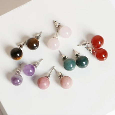 Natural Stone Agate Quartz Lapis Lazuli Tiger Eye Round Bead Stud Earrings Women Fashion Simple Stainless Steel Crystal Ear Stud - Charlie Dolly