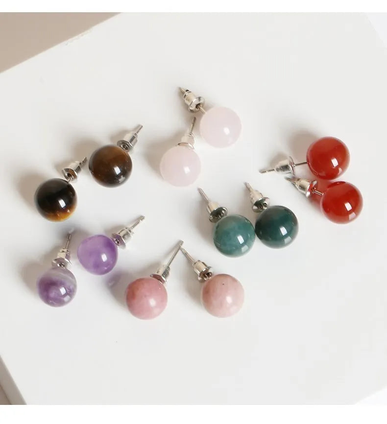 Natural Stone Agate Quartz Lapis Lazuli Tiger Eye Round Bead Stud Earrings Women Fashion Simple Stainless Steel Crystal Ear Stud