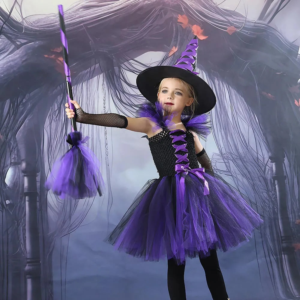 Halloween New Witch Dress Cosplay Costume Dress for Girl Carnival Party Dress Hat Broom Fancy Clothes Suit - Charlie Dolly