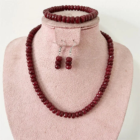 Faceted 5*8MM Deep Red Ruby Natural Stone Jewelry Sets Bead Necklace Earrings Bracelet Chain Choker Simple Design Party Boho - Charlie Dolly