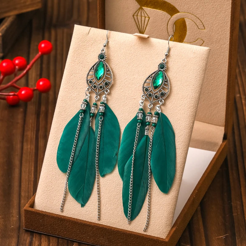 Fashion Boho Green Enamel Feather Earrings for Women Elegant Crystal Bead Stone Water Drop Earring Vacation Party Daily Jewelry