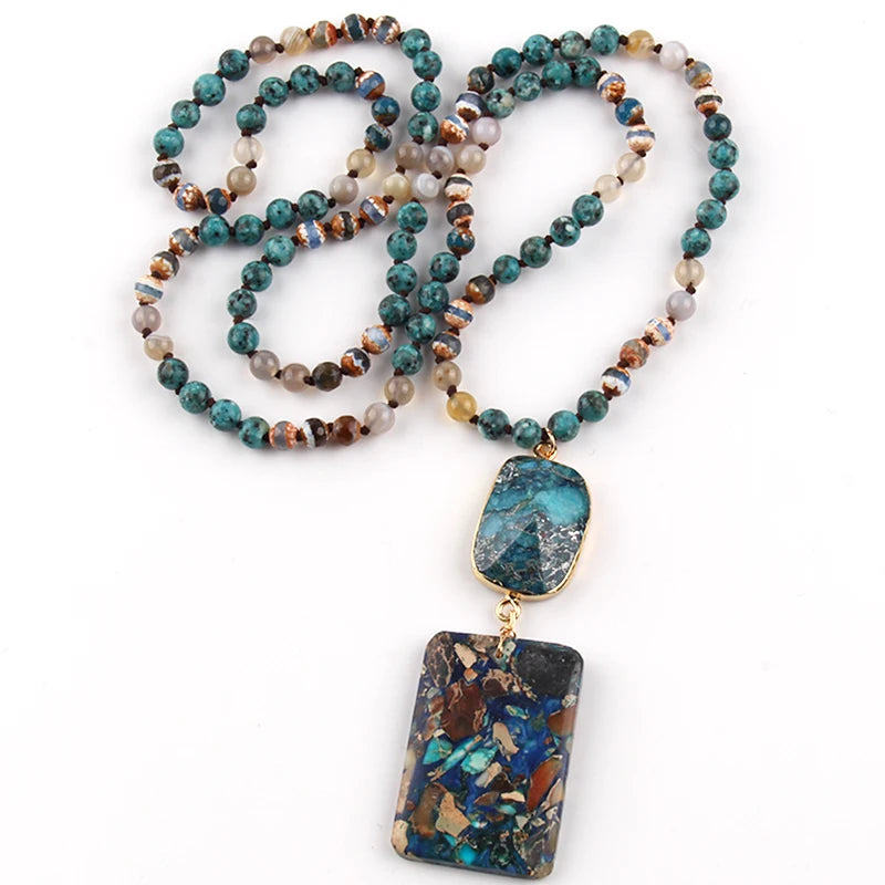 RH Fashion Bohemian Jewelry Natural Stones Crystal Stone Knotted Semi Precious Stone Boho Multi Pendant Necklace Women Gift