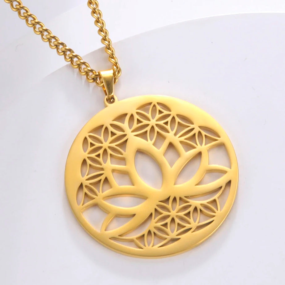 Lotus Flower of Life Pendant Necklace, Stainless Steel Buddhist Yoga Meditation Amulet
