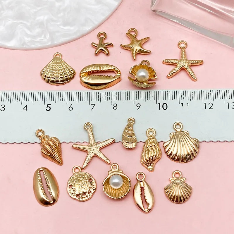 New 16pcs Gold Color Ocean Shell Conch Starfish Charms for Jewelry Making Necklace Key Chain Phone Chain DIY Materials Colorfast