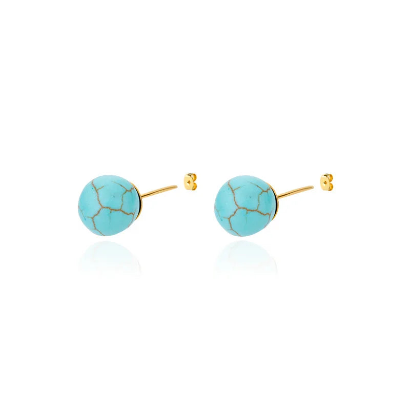 1 Pair Natural Stone Stud Earrings For Women Men Round Turquoises Tiger Eye Lapis Lazuli Beads Earring Fashion Jewelry Gift