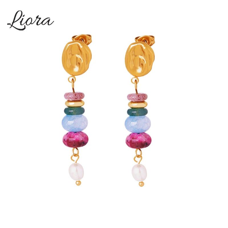 Liora Trendy Stainless Steel Dangle Earrings For Women Multi-Color Natural Stone Drop Earring Waterproof Women Jewelry