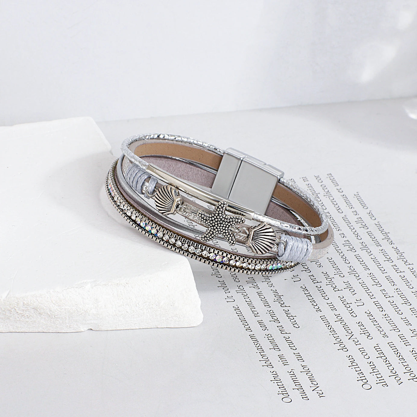 Starfish Shell and Crystal Bead Leather Boho Bracelet