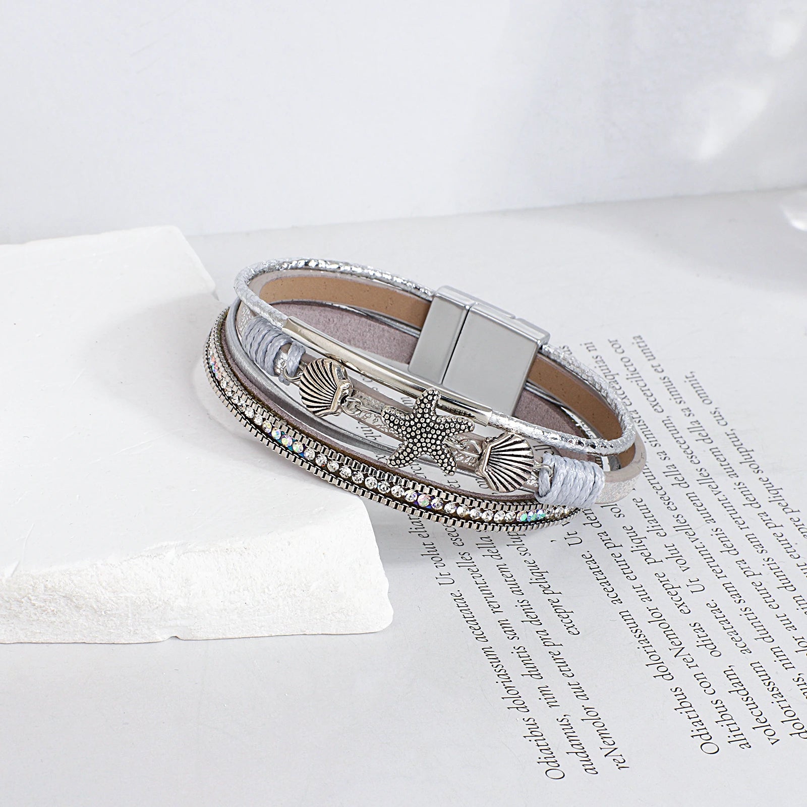 ALLYES Charm Starfish Shell Leather Bracelet for Women Men Boho Metal Tube Crystal Beads Chain Bracelets & Bangles Beach Jewelry