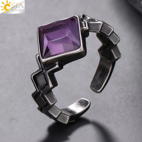 CSJA Vintage Silver Rings Natural Stone Amethyst Ring for Women Adjustable Design Handmade Fashion Jewelry Boho Accessories H765 - Charlie Dolly