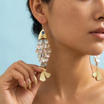 Mediterranean Style Big Fish Statement Earrings for Women Shell Scale Dangle Drop Earrings Boho Summer Vacation Beach Jewelry