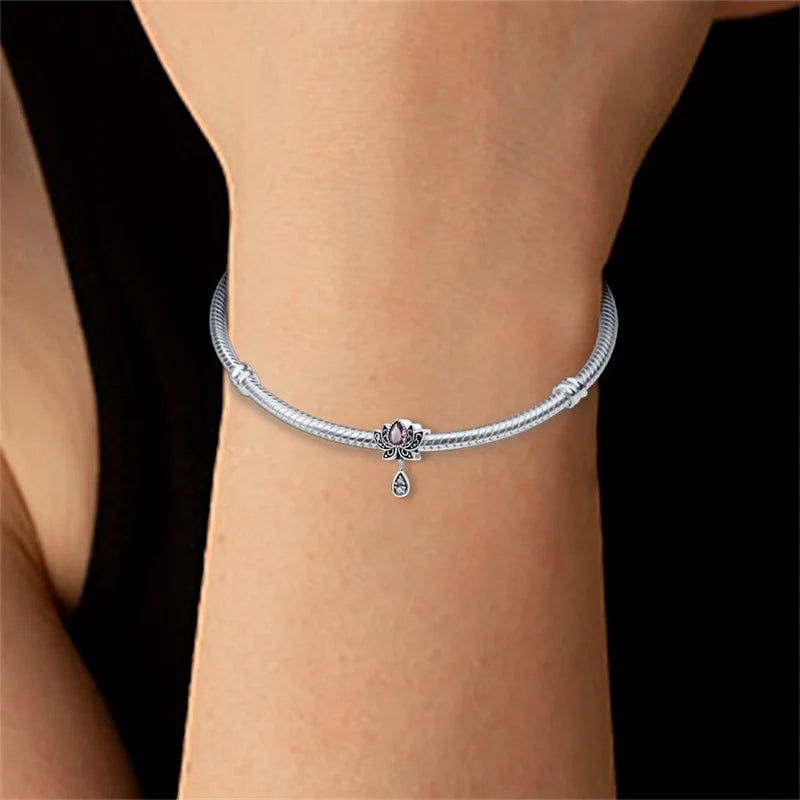 925 Sterling Silver lotus Charms Pendant with Cubic Zirconia,Fit DIY bracelet necklace Gift for Her，Colgante Plata