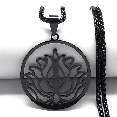 Artistic Lotus Flower Pendant Necklace, Stainless Steel Black Chakra Goth Talisman