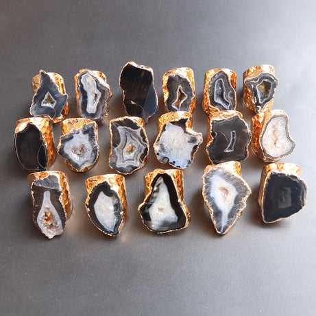 Irregular Geode Stone Agate Slices Open Ring Unisex Black Color Boho Resizable Finger Jewelry - Charlie Dolly