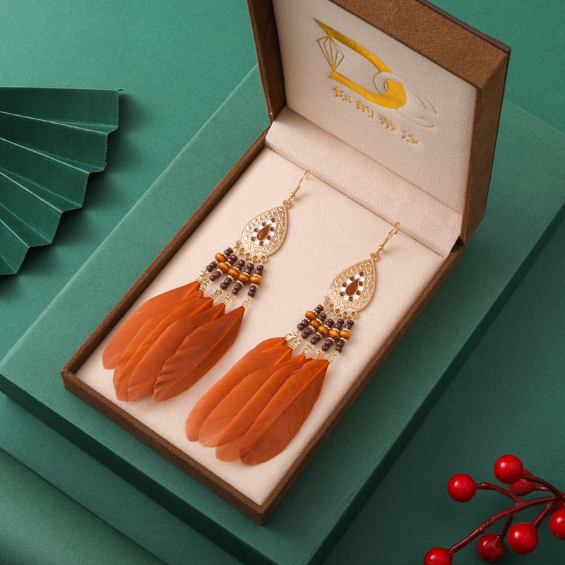 Vintage Long Water Drop Feather Earrings for Women Elegant Insert Rhinestone Crystal Bead Leaf Tassel Earring Female Jewelry - Charlie Dolly