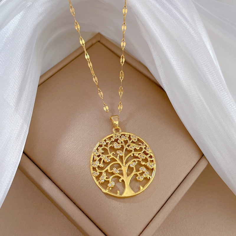 Luxury Tree of Life Zircon Necklace for Women Gold-plated Charm Big Tree Stainless Steel Pendant Jewelry Lucky Accessories Gift