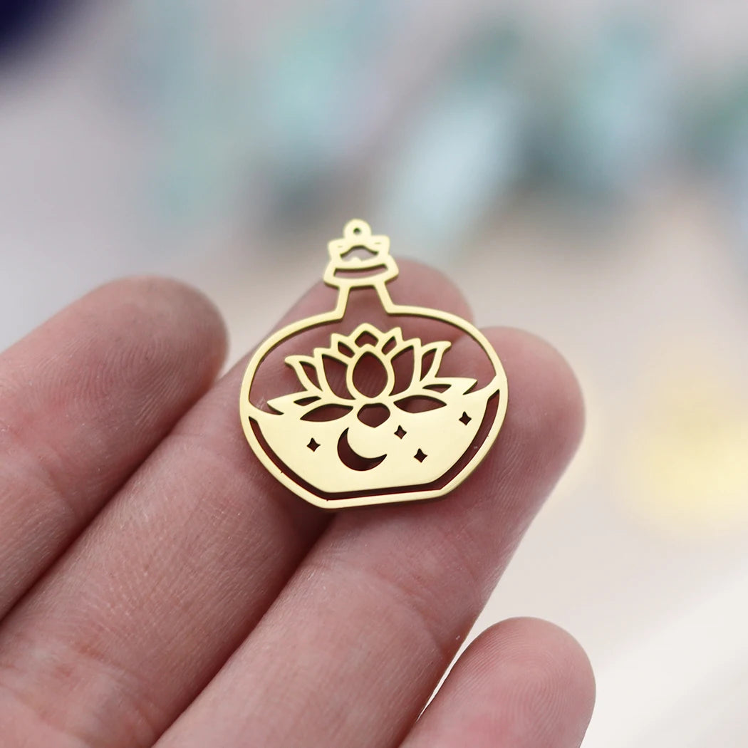 3PCS Art Line Lotus Flower Moon DIY Craft Tassels Earrings Necklace Stainless Steel Pendant Charms for Jewelry Making Accessory