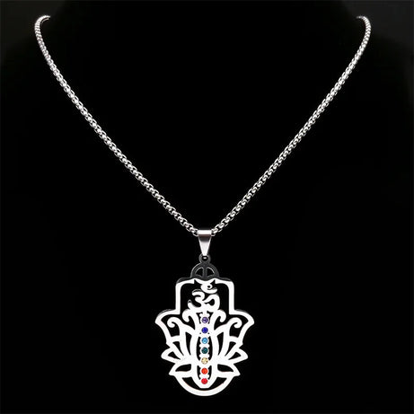 Seven Chakra Om Lotus Flower Pendant Necklace, Stainless Steel Yoga Healing Amulet