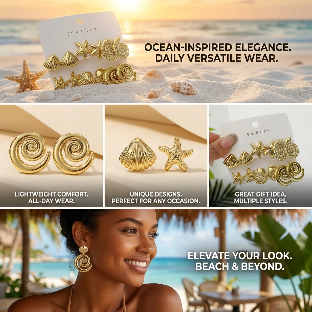 3 Pairs Gold Color Starfish Shell Stud Earrings Set for Women Fashion CCB Lightweight Star Earrings Boho Jewelry Accessories