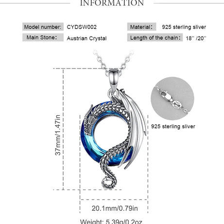 Dragon Amulet Necklace with Austrian Crystal, S925 Sterling Silver