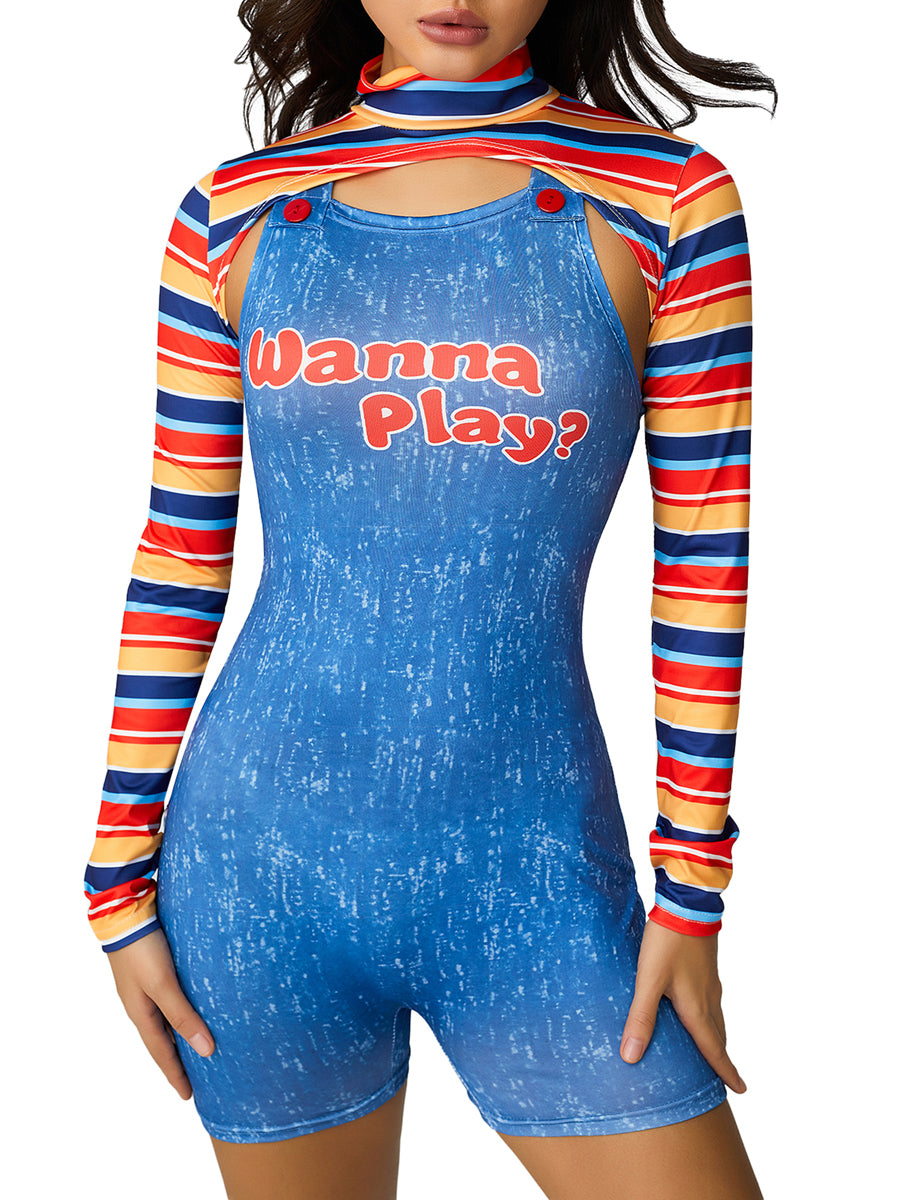 Women 2 Pcs Halloween Costumes Scary Nightmare Killer Doll Wanna Play Movie Character Bodysuit Chucky Doll Cosplay Costume Set - Charlie Dolly
