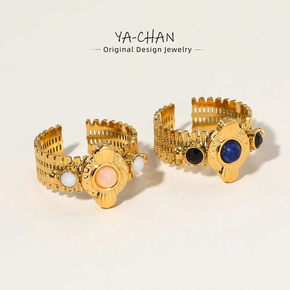 YACHAN Boho خواتم كلاسيكية من الفولاذ المقاوم للصدأ للنساء وردي الحجر الطبيعي اللازوريت 18K مطلية بالذهب مجوهرات الاتجاه الجمالي