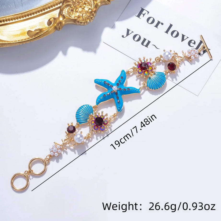 Starfish Shell Crystal and Pearl Boho Bangle Bracelet
