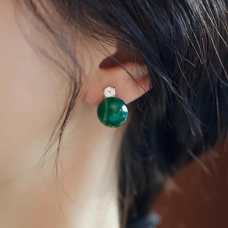 Green Jade & CZ Drop Earrings, Luxury Natural Stone Office Boho Jewelry